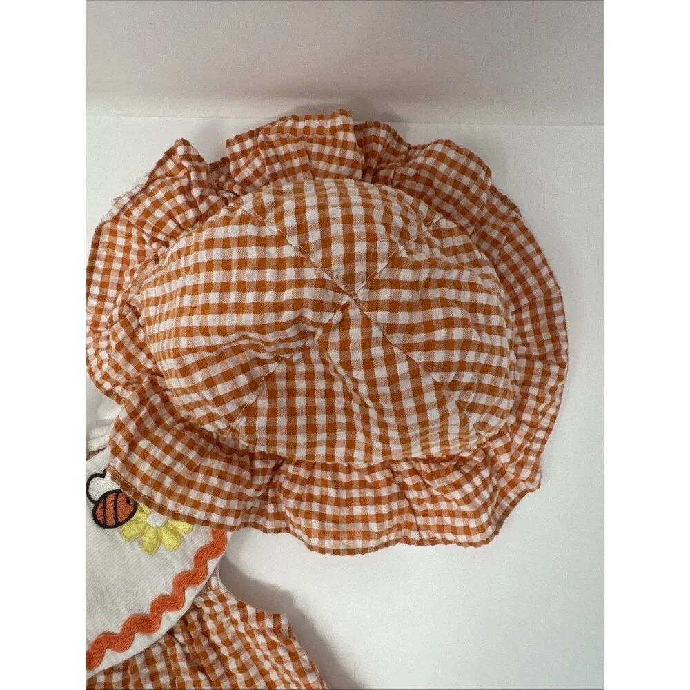 Vintage Cradle Togs Baby Girl Orange Gingham Dress Flower Bee Outfit w/ hat 12M